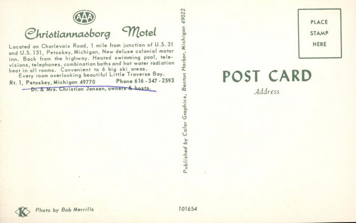 Bay Inn of Petoskey (Christiannasborg Motel) - Vintage Postcard Back (newer photo)